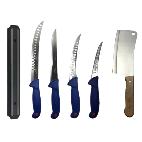 CASA & GRADINA - Set 4 cutite profesionale de macelarie, filetat, injunghiat, transat, dezosat, otel carbon, satar, suport magnetic