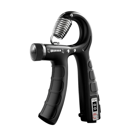 Fitness - Flexor pentru mana, antebrat, 5-60 kg, contor electronic, maner antiderapant, ergonomic, otel inoxidabil/ABS, 16 x 9 x 2 cm, negru