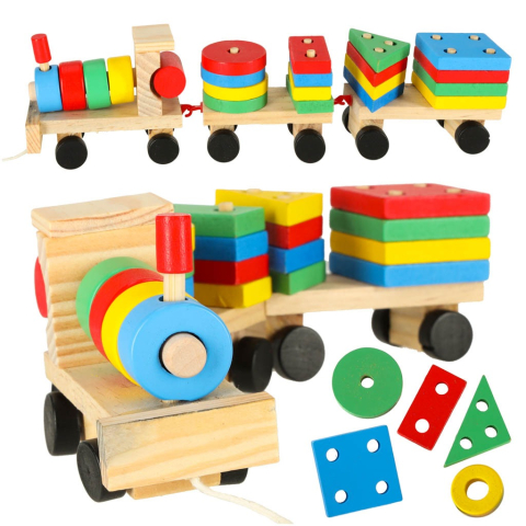 Jucării puzzle - Trenulet de jucarie, locomotiva cu 2 vagoane, lemn, forme geometrice, 30 x 9 x 6 cm, multicolor