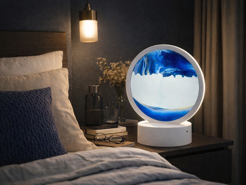 Lampa decorativa tip clepsidra cu efect 3D de nisip in miscare, LED, albastru, alimentare USB sau 3 baterii AA, baza alba, diametru 16 cm [14]