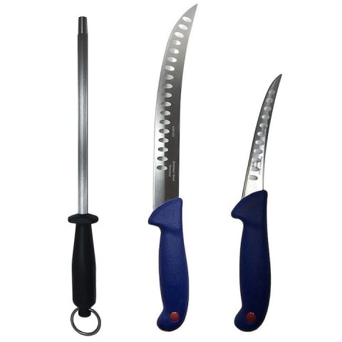 Cutite si tacamuri - Set profesional de macelarie, fasonat, transat, degresat, dezosat, 2 cutite, masat pentru ascutit