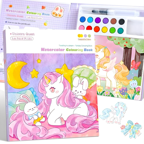Carte de colorat cu acuarele pentru copii, model unicorn, 12 culori, pensula reutilizabila cu apa, 20 foi carton, 15.7 x 18.8 x 1.8 cm, mov [7]