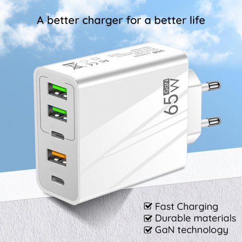 Incarcator cu 5 porturi, 2 x Type-C, 3 x USB, incarcare rapida, 65 W, universal, alb [4]