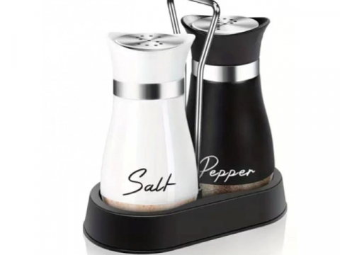 Diverse bucatarie - Set 2 recipiente pentru sare/piper, otel inoxidabil si sticla, 16 x 8 x 15 cm, alb/negru