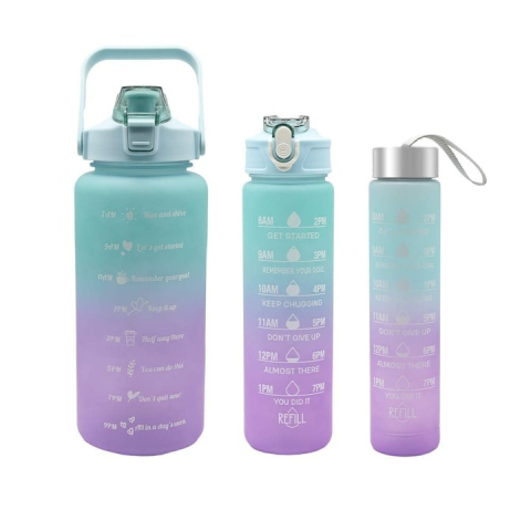 Set 3 sticle de apa, cu pai, 2000 ml / 900 ml / 300 ml, pentru sport, fara BPA, albastru/mov [11]