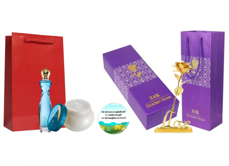 Pungi cadou speciale - Set cadou pentru Ea, parfum de femei Divine insotit de crema corp, trandafir auriu din plastic suflat la baza cu aur si insigna Dactylion cu mesaj motivational