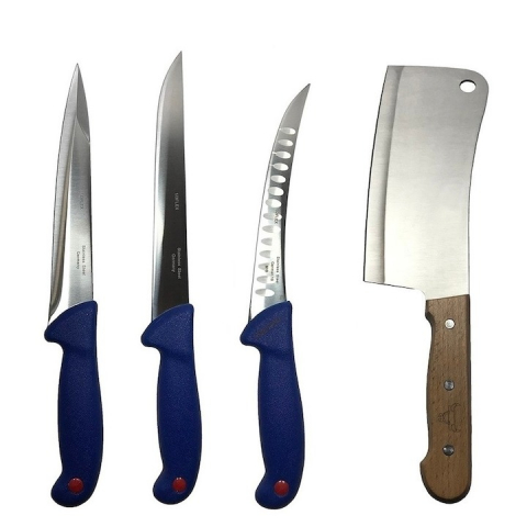 Cutite si tacamuri - Set profesional de macelarie, filetat, transat, injunghiat, dezosat, otel carbon, 3 cutite, satar