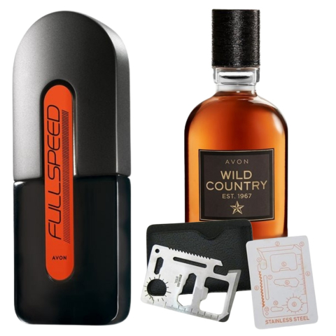 Set Ingrijire barbati - Set apa de toaleta Full Speed pentru El 75 ml, apa de toaleta Wild Country 75 ml, card multifunctional de supravietuire, otel inoxidabil