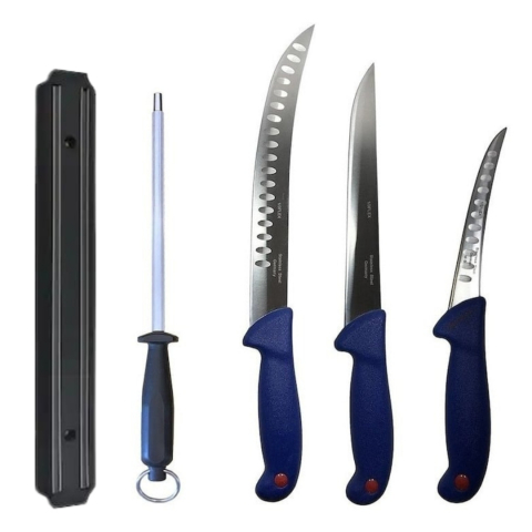 Cutite si tacamuri - Set profesional de macelarie, transat, injunghiat, dezosat, filetat, 3 cutite otel carbon, masat pentru ascutit, suport magnetic