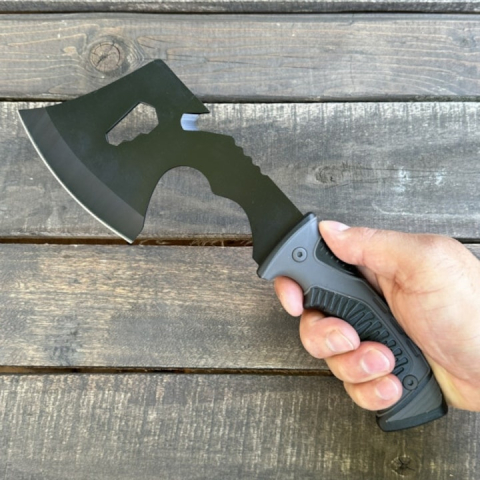 Topor camping, multifunctional, lama otel, maner cauciuc, 30 cm, husa protectie, gri [7]