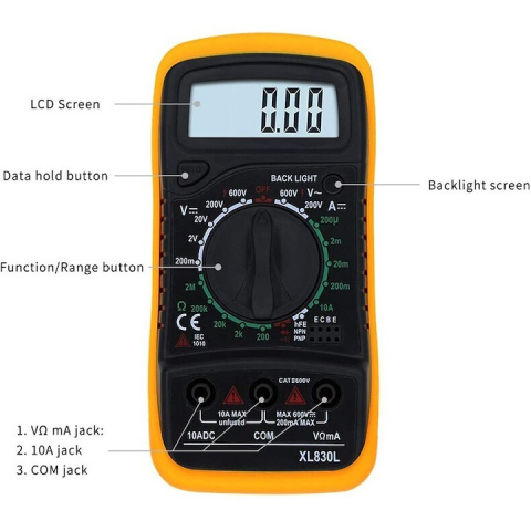 Multimetru digital, model XL830L, afisaj LCD, tensiunea AC/DC, curent DC, rezistenta, continuitate, verificare diode/tranzistori, portocaliu [5]