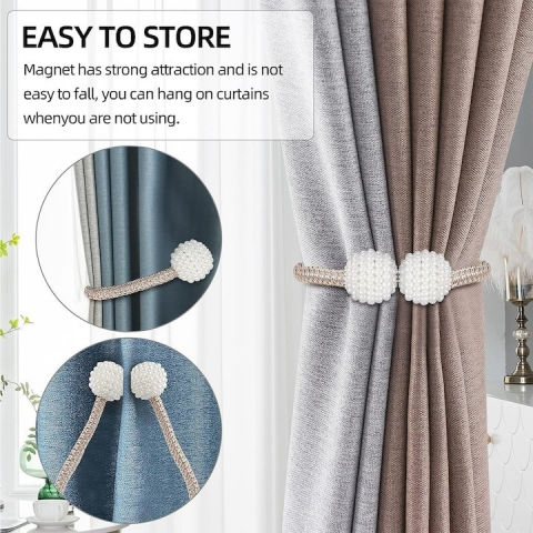 Magnet decorativ pentru perdele si draperii, catarama cu perle si curea cu textura tesuta, poliester, 48 cm, bej [2]