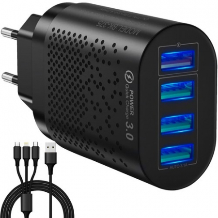 Incarcatoare telefoane - Set Incarcator priza 4x USB,incarcare rapida 3.0 Izoxis + cablu 3in1 micro USB,type C,iphone - Negru