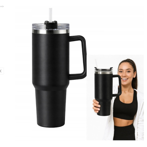 Cana termos, otel inoxidabil/plastic, fara BPA, 1200 ml, design ergonomic, cu pai, negru [8]