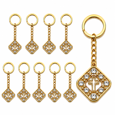 CASA & GRADINA - 10 brelocuri aurii 9,3 cm cu romb 2,7 x 2,7 cm, cruce cu pietre artificiale, lant 3,2 cm, inel 2,8 cm, accesorii crestine pentru chei si marturii botez