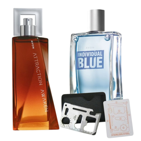 PARFUMURI & SETURI - Set apa de toaleta Attraction Awaken pentru El 100 ml, apa de toaleta Individual Blue 100 ml, card multifunctional de supravietuire, otel inoxidabil