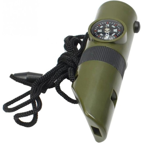 Fluier 7 in 1, multifunctional, lupa, lanterna LED, busola, oglinda, termometru, compartiment depozitare, ABS, pentru camping, drumetii, verde [1]