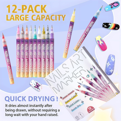 Set 12 markere acrilice pentru unghii, varf fin 0.5 mm, nail art, manichiura DIY, uscare rapida, 13 x 10 cm, multicolor [6]