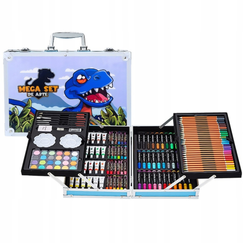 Set creativ de pictura si desen pentru copii, 145 piese, model dinozaur, 34 x 23 x 8 cm, albastru, valiza metalica pentru depozitare [5]