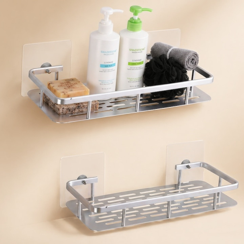 Set 2 rafturi autoadezive, pentru baie si bucatarie, design minimalist, otel inoxidabil, 30.5 x 13 x 5.5 cm, argintiu [5]