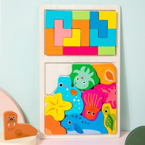 Joc puzzle, tip tetris, pentru copii, 2 in 1, animale marine, Montessori, lemn, 28.5 x 17 cm, multicolor [7]