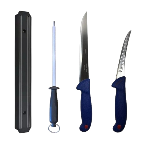 Cutite si tacamuri - Set profesional de macelarie, dezosat, transat, filetat, 2 cutite, otel carbon, suport magnetic, masat pentru ascutit