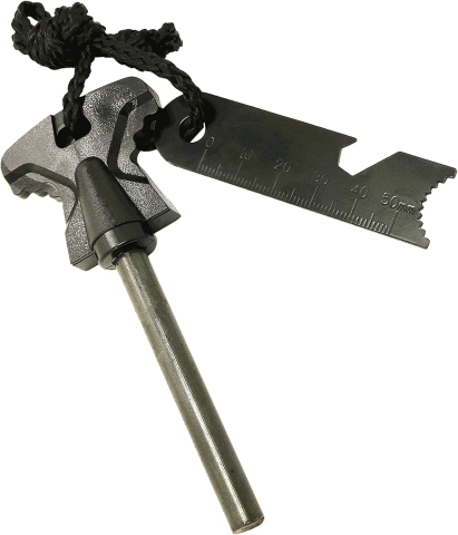 Aprinzator foc cu magneziu si tija feroceriu, multifunctional cu rigla, deschizator sticle, cheie piulite, cu siret, negru