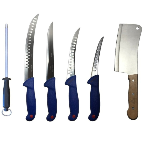 Cutite si tacamuri - Set 4 cutite profesionale de macelarie, filetat, injunghiat, transat, dezosat, otel carbon, masat pentru ascutit, satar