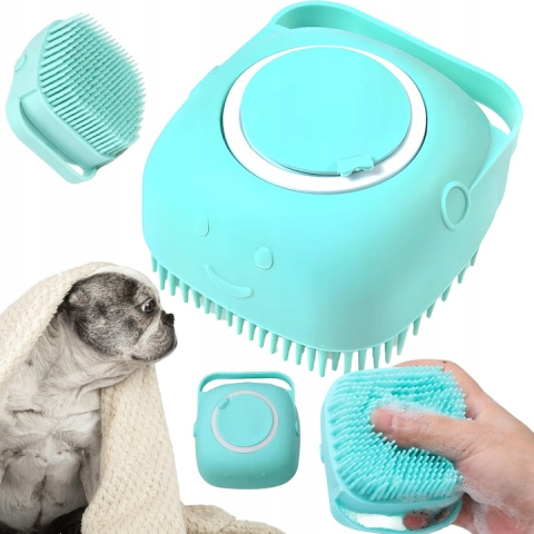 Perie multifunctionala pentru spalarea animalelor de companie, cu rezervor pentru sampon, silicon moale, masaj si ingrijire blana, pentru caini si pisici, 8 x 8.5 x 5 cm, turcoaz [5]