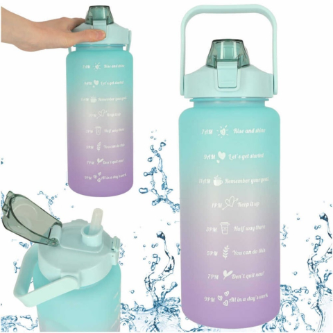 Set 3 sticle de apa, cu pai, 2000 ml / 900 ml / 300 ml, pentru sport, fara BPA, albastru/mov [8]
