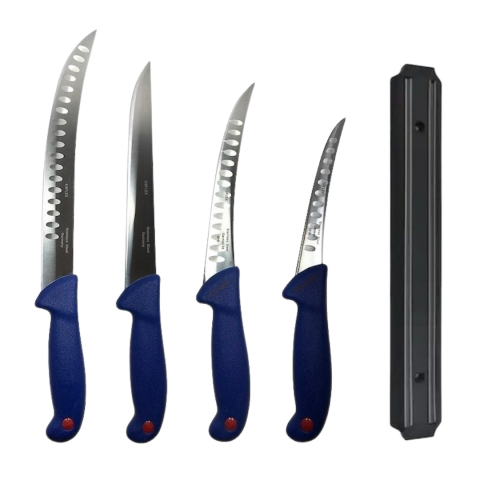Cutite si tacamuri - Set 4 cutite profesionale de macelarie, filetat, injunghiat, transat, dezosat, otel carbon, suport magnetic