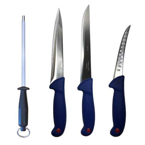 Cutite si tacamuri - Set profesional de macelarie, transat, injunghiat, dezosat, filetat, masat pentru ascutit, 3 cutite otel carbon