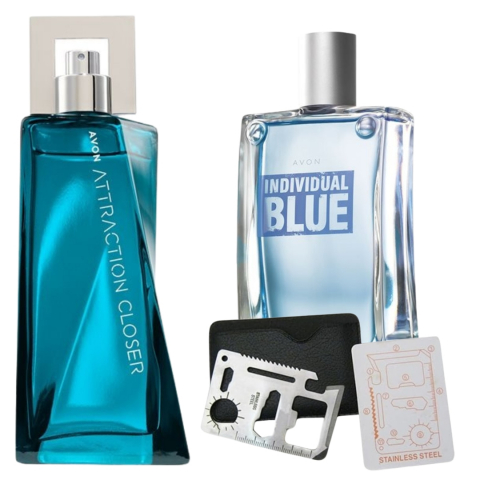 Set Ingrijire barbati - Set apa de toaleta Attraction Closer pentru El 75 ml, apa de toaleta Individual Blue 100 ml, card multifunctional de supravietuire, otel inoxidabil