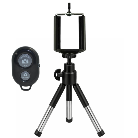 Set suport telefon universal cu arc dublu tip clips si mini trepied extensibil 20 cm, cap de bila, montura 1/4 inch si telecomanda Bluetooth