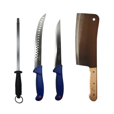Cutite si tacamuri - Set profesional de macelarie, filetat transat, degresat, feliat, 2 cutite, satar, masat pentru ascutit