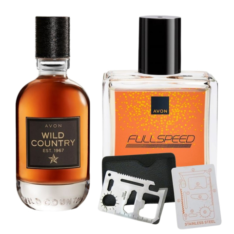 Set Ingrijire barbati - Set apa de toaleta Wild Country 75 ml, apa de toaleta Full Speed 30 ml, card multifunctional de supravietuire, otel inoxidabil