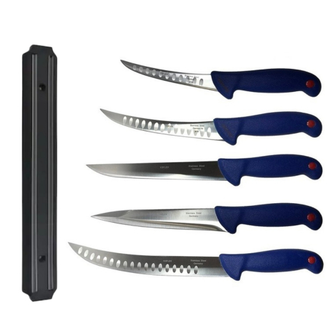 Cutite si tacamuri - Pachet profesional pentru macelarie, dezosat, injunghiat, transat filetat, 5 cutite, suport magnetic