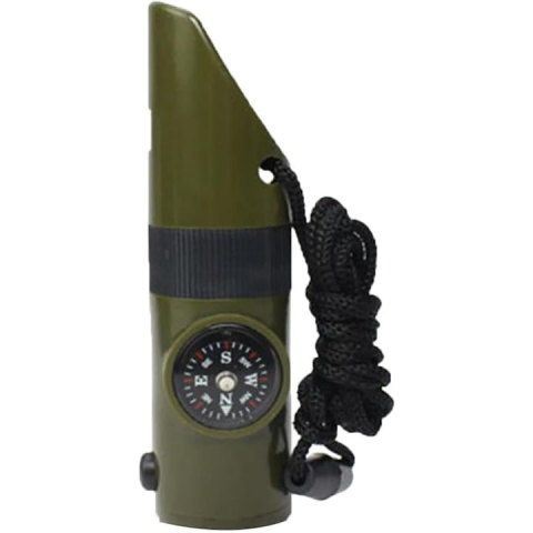 Supravietuire - Fluier 7 in 1, multifunctional, lupa, lanterna LED, busola, oglinda, termometru, compartiment depozitare, ABS, pentru camping, drumetii, verde