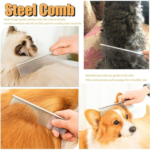 Pieptene pentru caini si pisici, ingrijirea blanii, otel inoxidabil, 2 tipuri de dinti, varfuri rotunjite, 16.5 x 3 cm, argintiu [11]