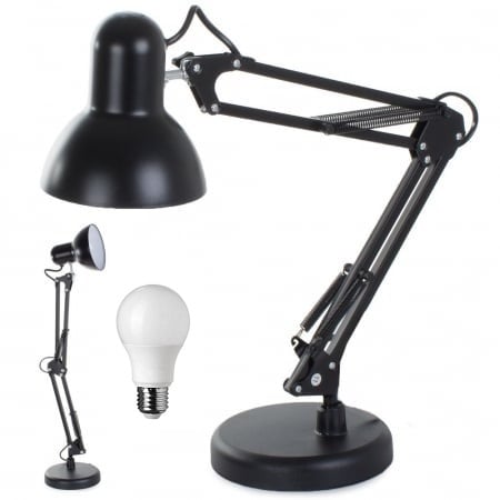 Iluminat LED - Lampa de birou cu suport, alimentare 220V, soclu E27 becuri clasice, bec LED 5W inclus - Negru