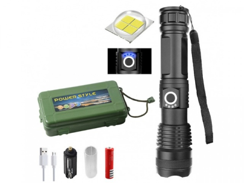 Camping - Lanterna tactica LED, 5 moduri de iluminare, pentru vanatoare, camping, rezistenta la apa, negru