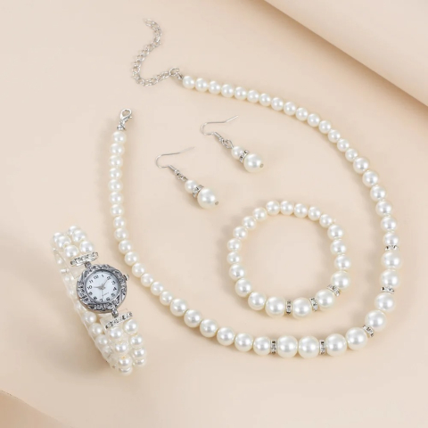 Set bijuterii dama, ceas, cercei, bratara, colier, perle, alb, cutie inclusa [1]