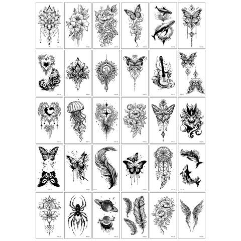 Set pictură și desen - Set 30 tatuaje temporare, pe baza de apa, usor de aplicat, design floral, 10 x 6 cm, negru