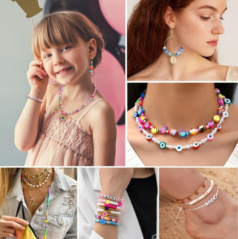 Set creatie bijuterii pentru copii, bratari, cercei, coliere, 480 margele, 24 modele, 2 role snur, 13 x 19 x 2 cm, multicolor [11]