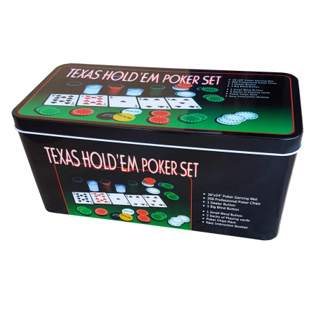 Table,Sah si Altele - Set Poker Texas 200 jetoane numerotate,accesorii si carti incluse,cutie metalica depozitare - Multicolor