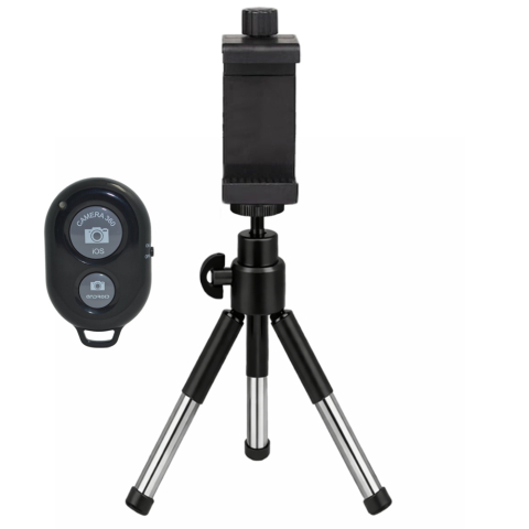 ECHIPAMENTE FOTO - Suport telefon reglabil cu surub si mini trepied extensibil din aluminiu cu telecomanda Bluetooth, cap de bila reglabil, montura 1/4 inch, inaltime 13–20 cm