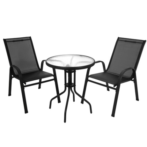 CASA & GRADINA - Set mobilier gradina, masa rotunda si 2 scaune, metal/sticla, pentru balcon, terasa, exterior, negru