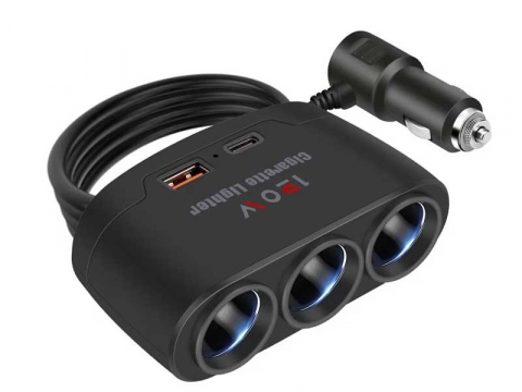 Modulatoare FM - Multiplicator bricheta auto, 3 iesiri, 1 x USB, 1 x USB-C, 120 W, 12 - 24V, negru