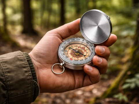 Busola pentru camping, drumetii, fosforescenta, metalica, inel pentru breloc, 6 x 1.5 cm, argintiu [10]
