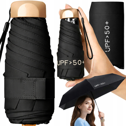Umbrela, protectie UPF 50+, pliabila, diametru 88 cm, inaltime 58 cm, universala, compacta, constructie solida, husa inclusa, negru [8]